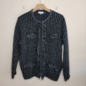 Calvin Klein Black Textured Lady Jacket Sweater with Fringe Trim Size Large